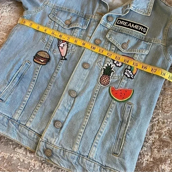 Bershka Denim Jean Jacket Vintage Inspired Style Patches Cactus Watermelon: XS - Picture 12 of 12